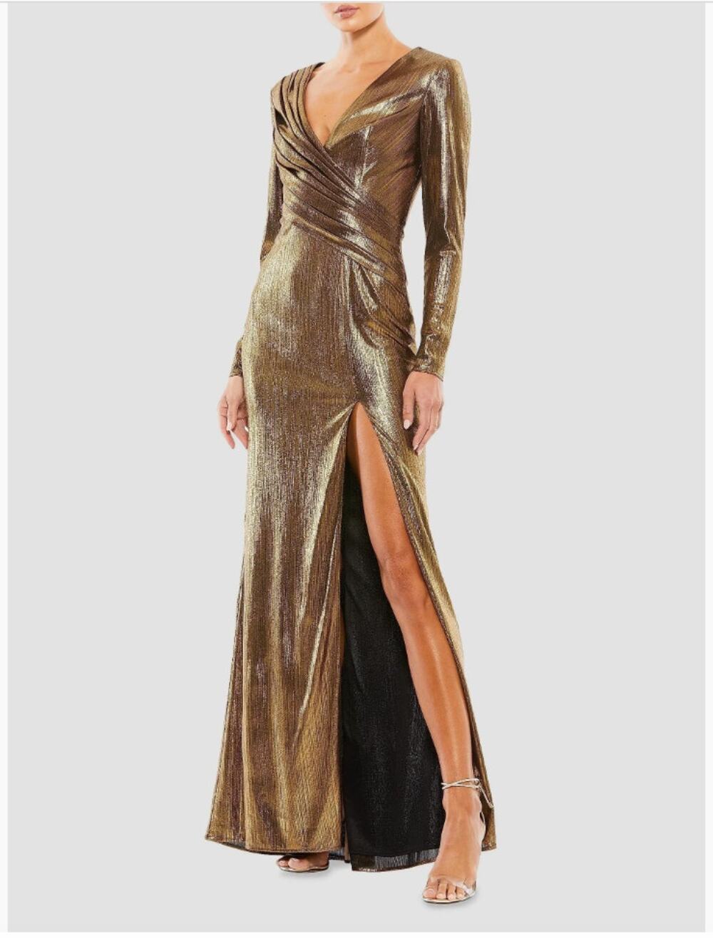 Mac Duggal Metallic Long-Sleeve Asymmetrical Ruched Gown 8